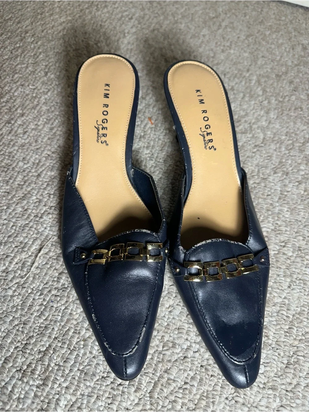 Kim Rogers Navy Pointed-Toe Kitten Heel Mules with Gold Chain Accent